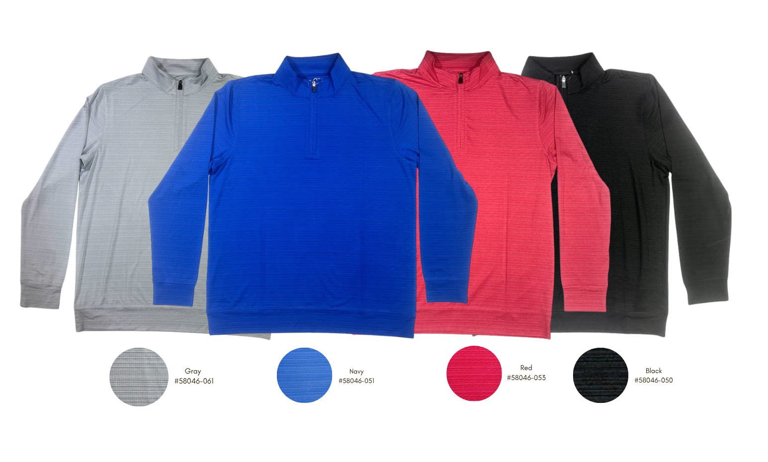Four pullovers in gray, blue, red, and black with color swatches below on a white background.