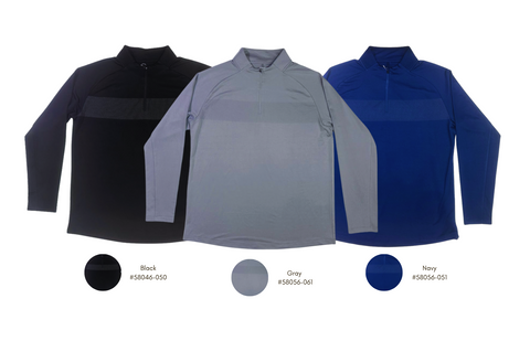 Three long-sleeve shirts in black, gray, and blue on a white background