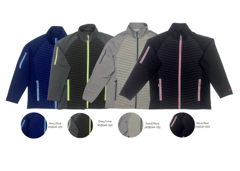 Four jackets in different colors with color swatches below on a white background